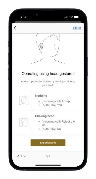 Pagina dei gesti della testa dell'app Sony Headphones per iOS.