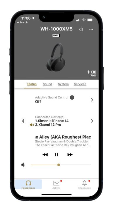 App Sony Headphones in iOS che mostra la pagina di stato.