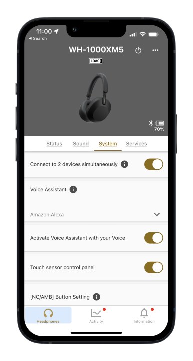 App Sony Headphones in iOS che mostra la pagina Sistema.