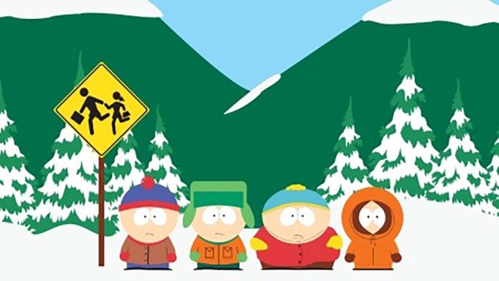 Four kid characters from South Park standing in a snowy scene.