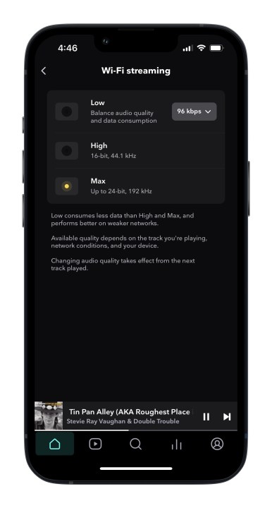 Aplicativo Tidal para configurações de qualidade de reprodução do iOS para Wi-Fi com Max selecionado.