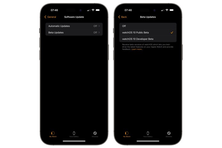 Two iPhones showing steps to enable watchOS 10 public betas.