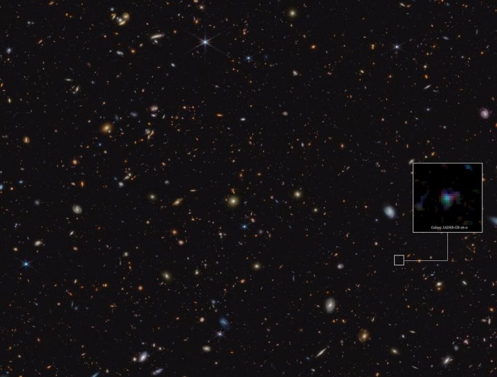 Esta imagen destaca la ubicación de la galaxia JADES-GS-z6 en una porción de un área del cielo conocida como GOODS-South, que se observó como parte del JWST Advanced Deep Extragalactic Survey, o JADES. 