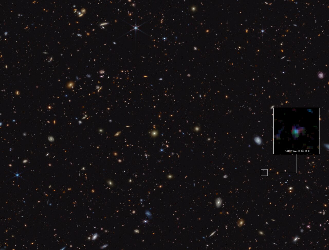 Esta imagen destaca la ubicación de la galaxia JADES-GS-z6 en una porción de un área del cielo conocida como GOODS-South, que se observó como parte del JWST Advanced Deep Extragalactic Survey, o JADES. 