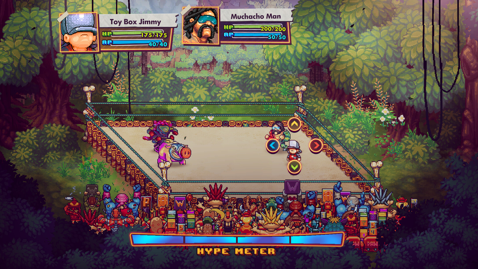 Wrestlers square off in a ring in Wrestlequest.