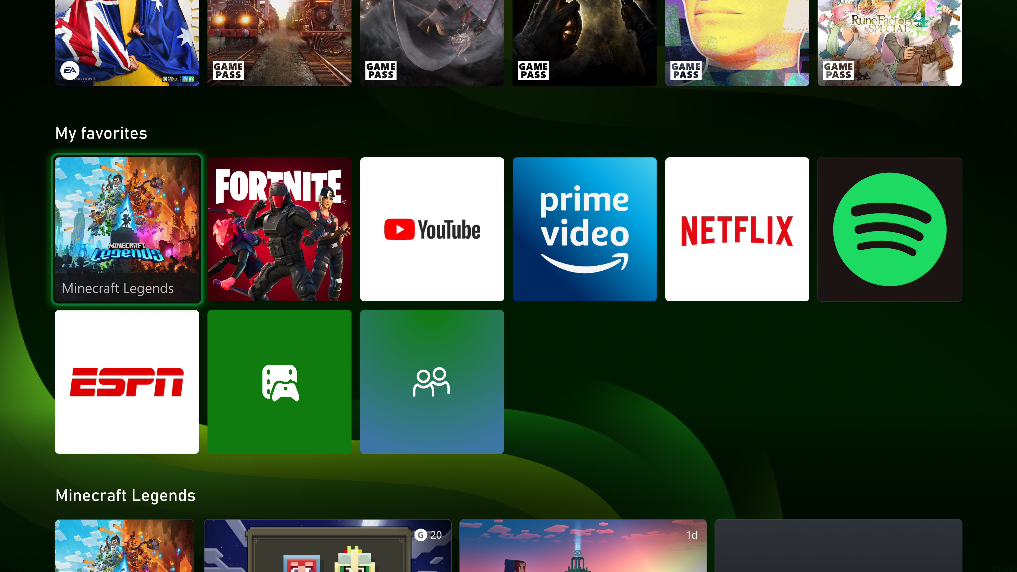 Uma tela inicial do Xbox mostra um widget de favoritos.