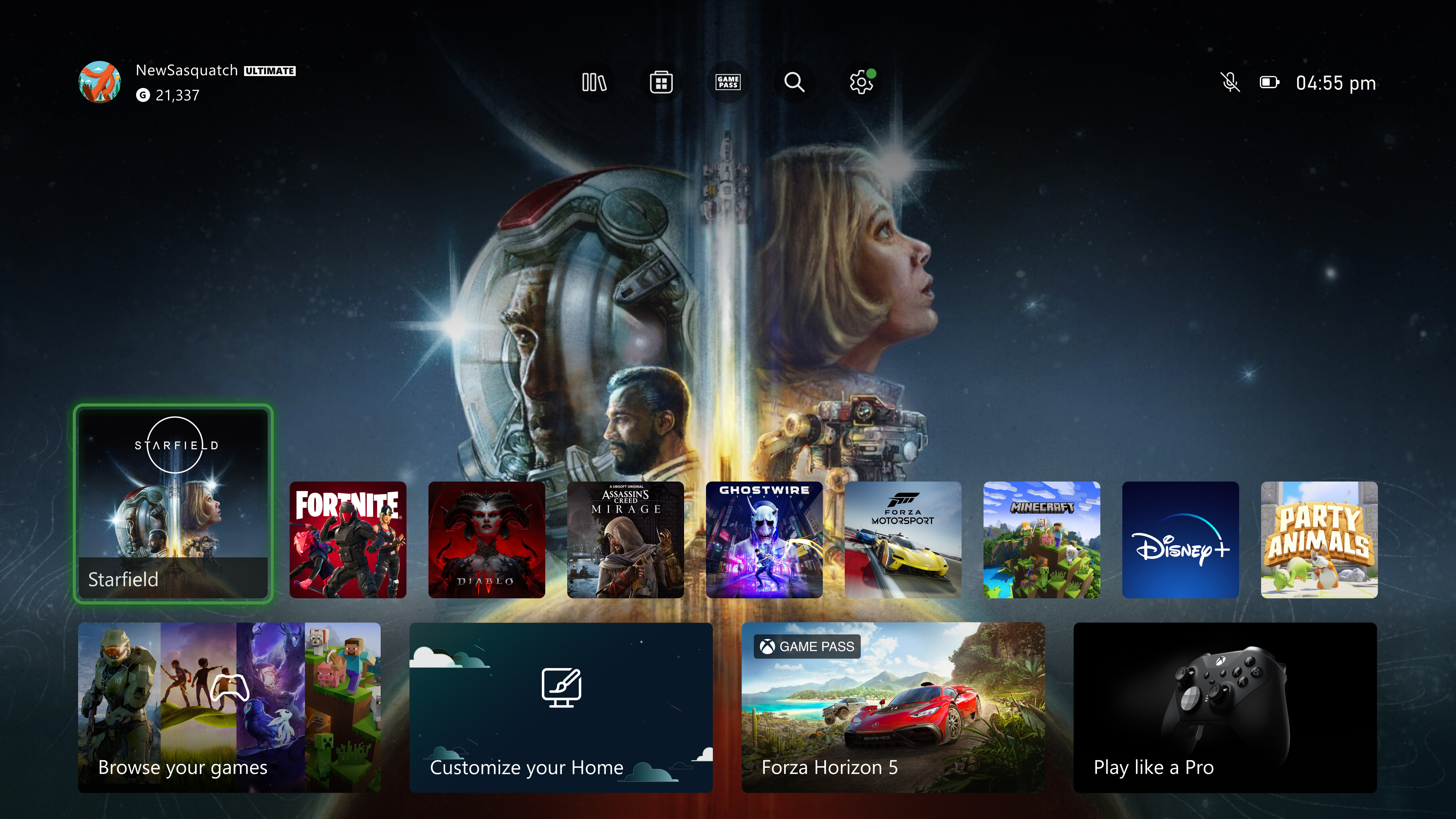Una pantalla de inicio de Xbox muestra Starfield.