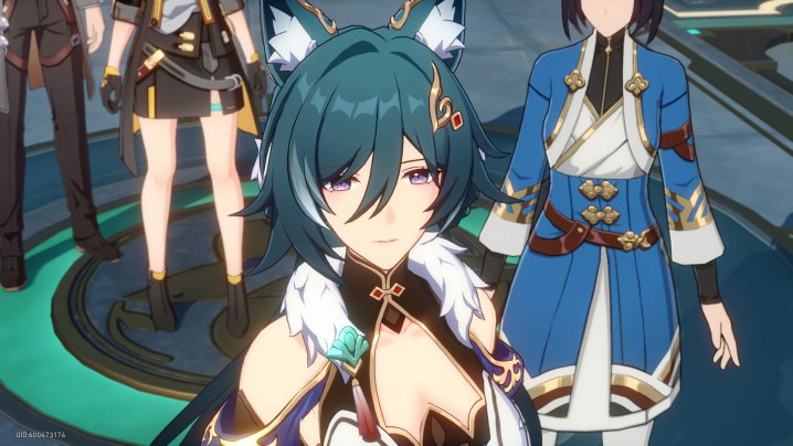 Blue-haired fox lady leading group of people