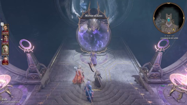 A party of adventurers approaching a giant purple mirror.