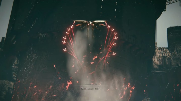 A big flying mech launching red drones.
