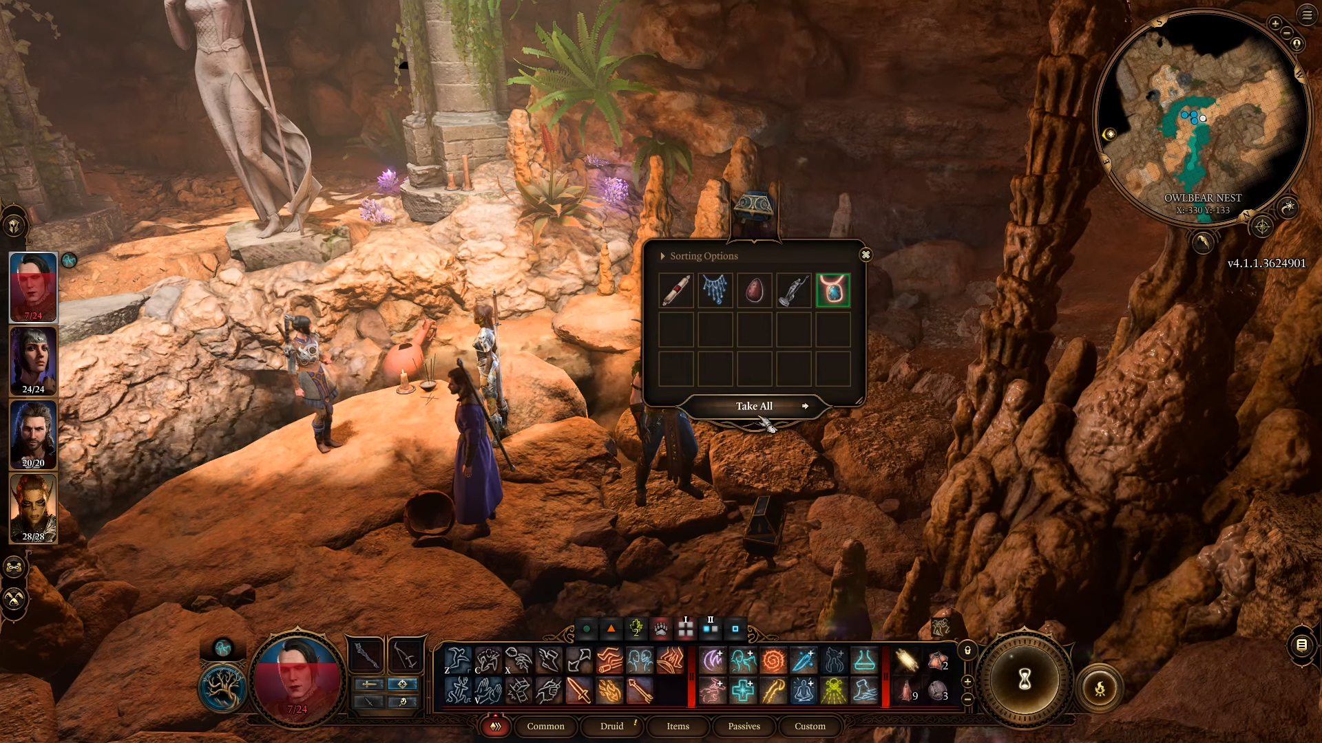 Um jogador saqueando o baú dourado em Baldur's Gate 3.