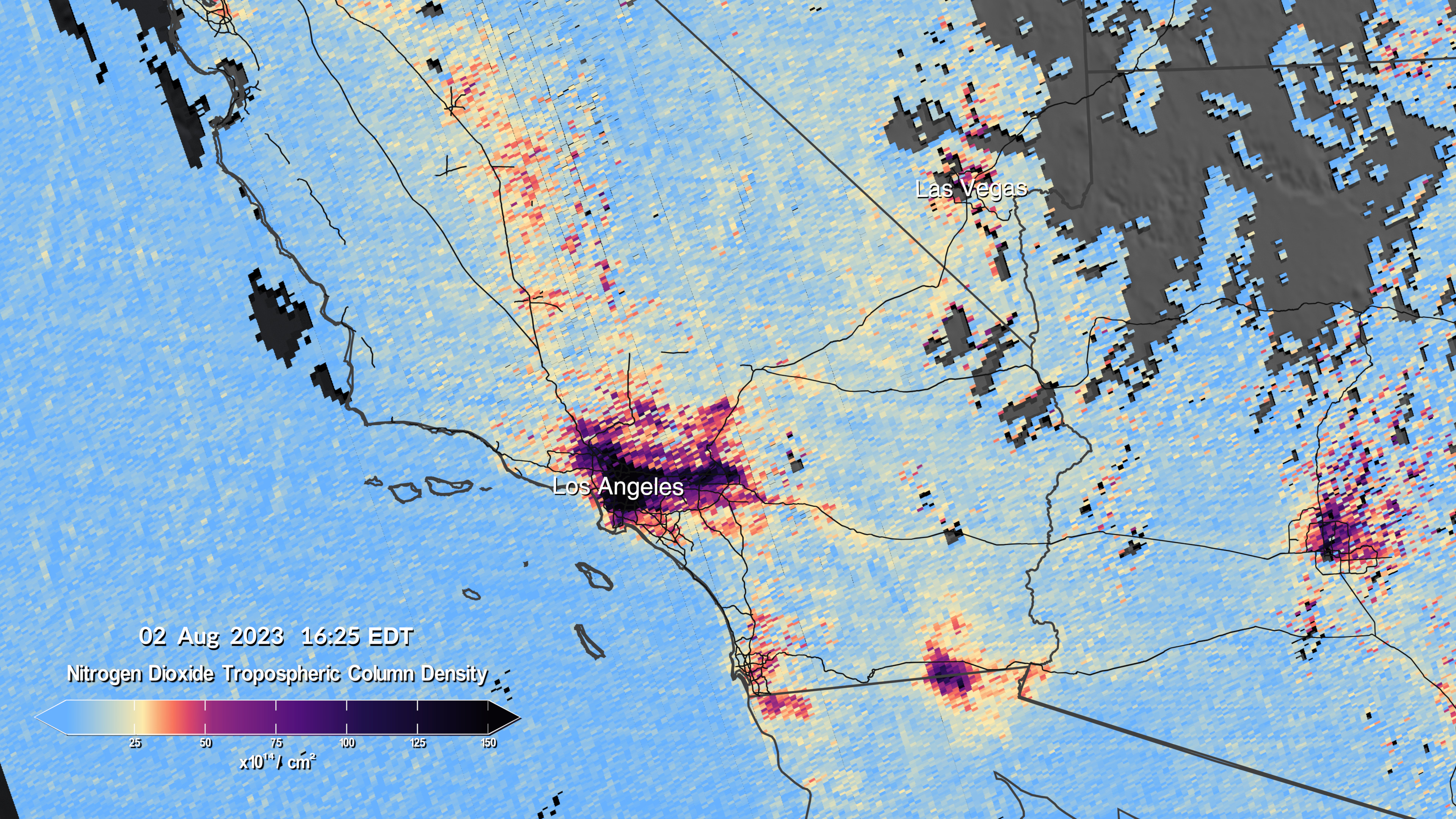 Este par de imagens mostra os níveis de dióxido de nitrogênio no sul da Califórnia às 12h14 e 16h24 do dia 2 de agosto, conforme medido pelo TEMPO.