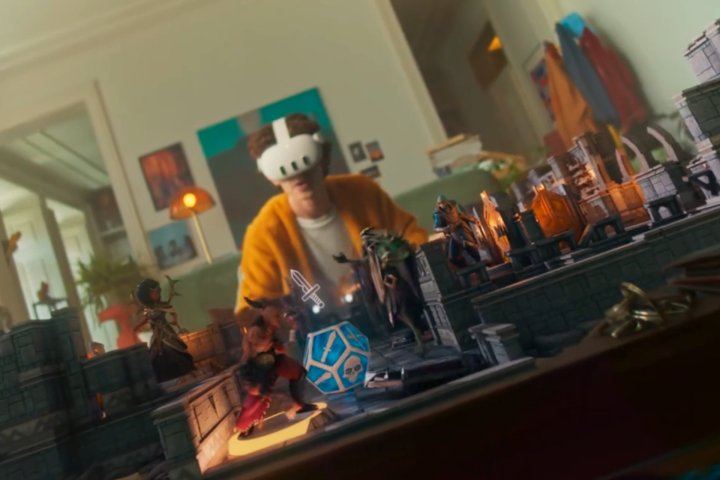 A Quest 3 lifestyle photo simulates mixed reality graphics for tabletop gaming.