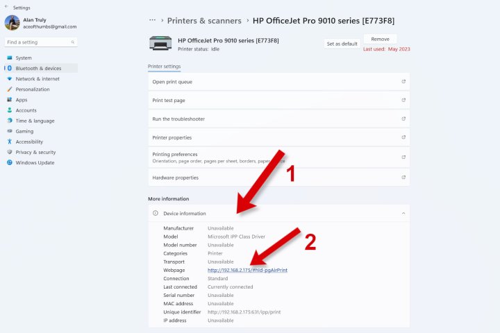 Una captura de pantalla de la configuración de Windows que muestra cómo ver la dirección IP de una impresora.