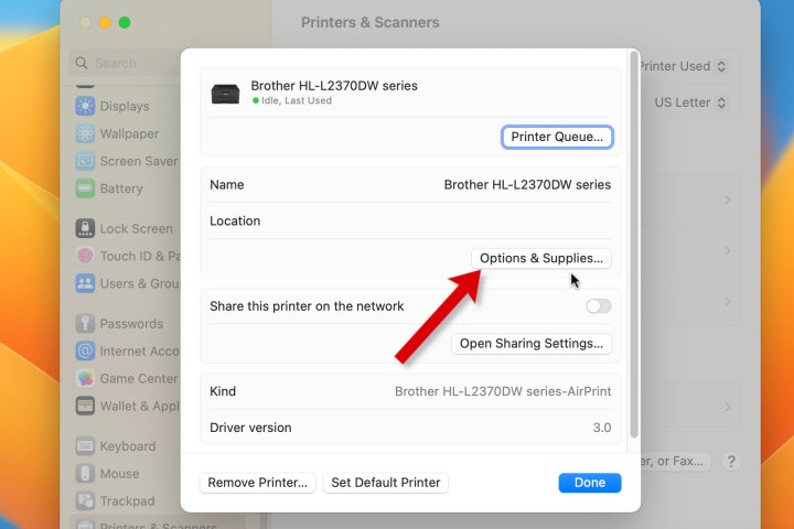 A screenshot of macOS Settings, showing a printer's Options button.