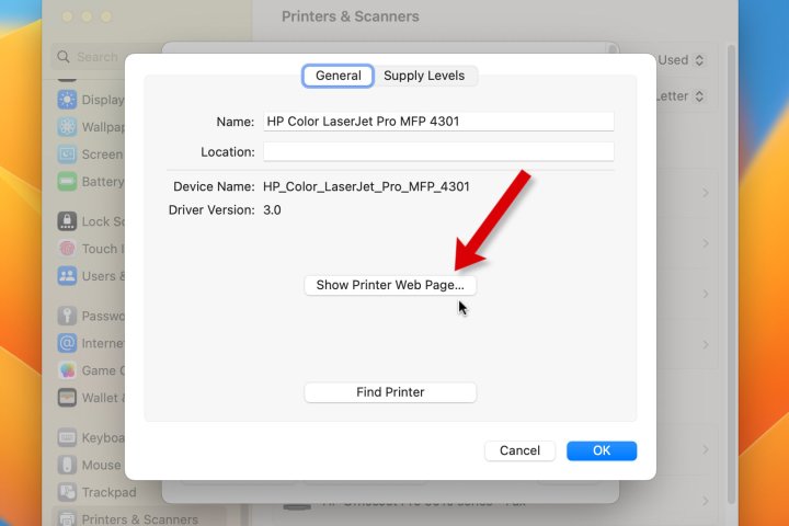 A screenshot of macOS Settings, showing a printer's Web Page button.