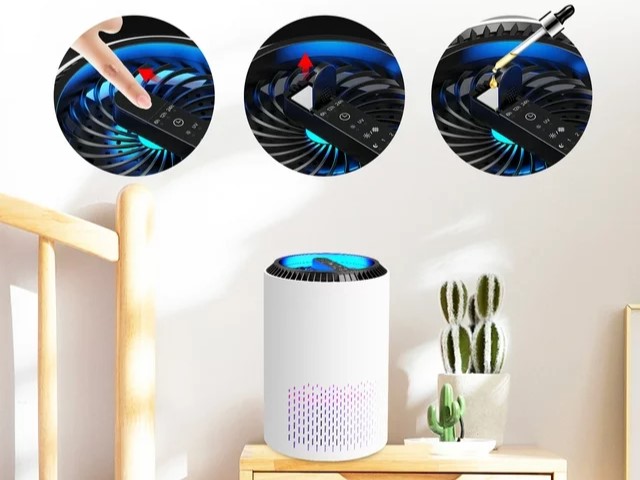 Alrocket HEPA Air Purifier on bedstand lifestyle image.