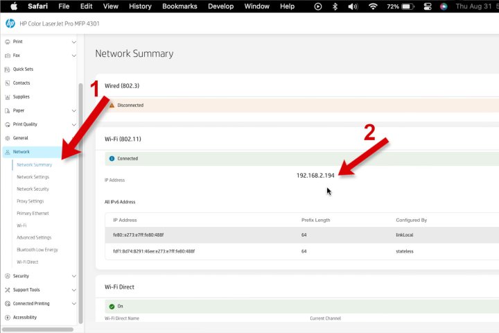 An example of a printer web page in Safari, showing a printer's Network tab and IP address.