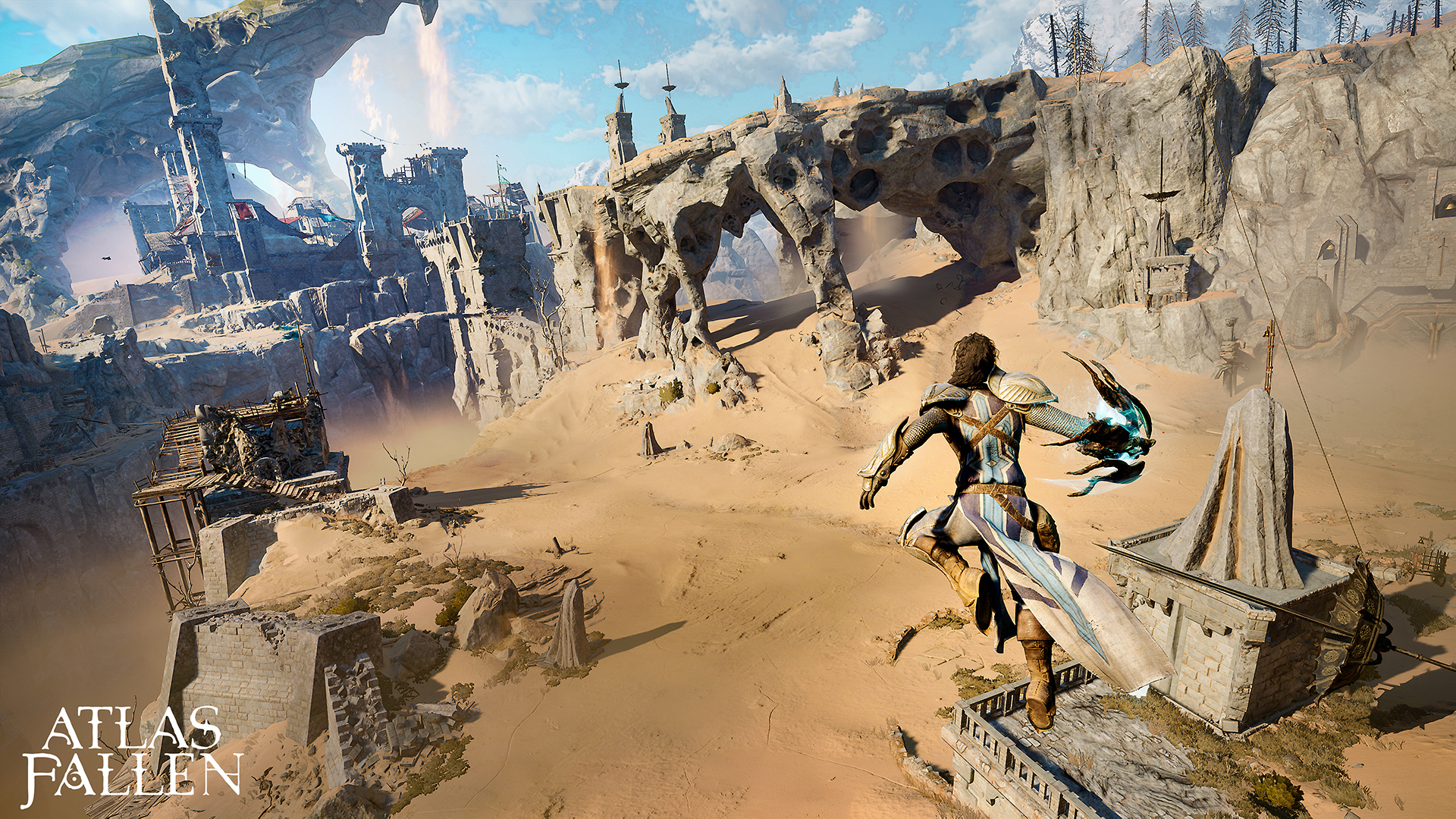 O jogador pula no ar em Atlas Fallen.