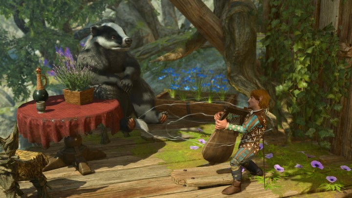 A halfling bard playing music for a big badger.