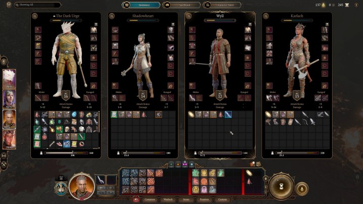 A party of characters and their inventories in Baldur's Gate 3.