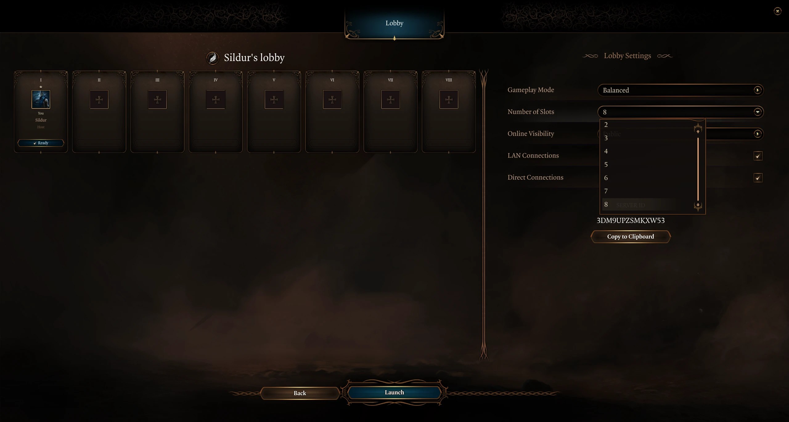 Um lobby multiplayer com oito slots.