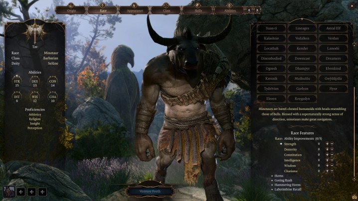 A character creation screen with a minotaur race.