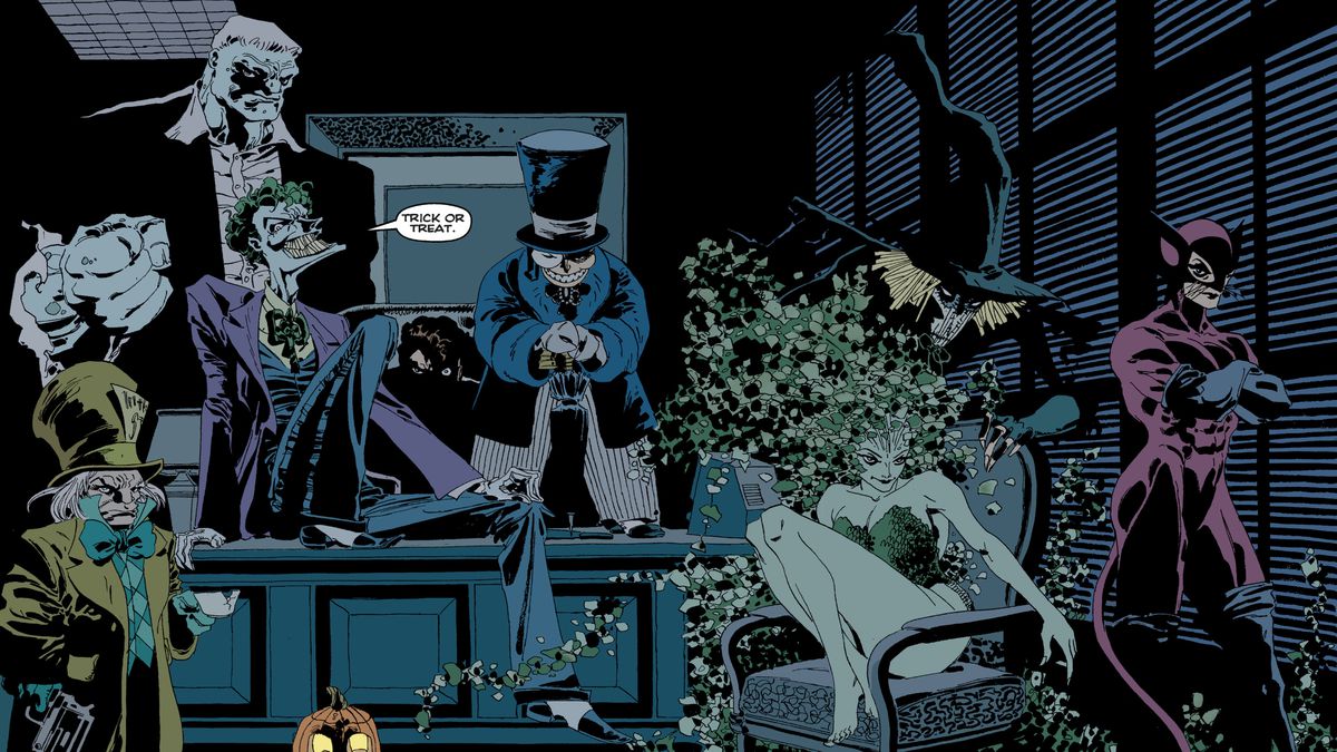 Batman villains in a room in Batman The Long Halloween