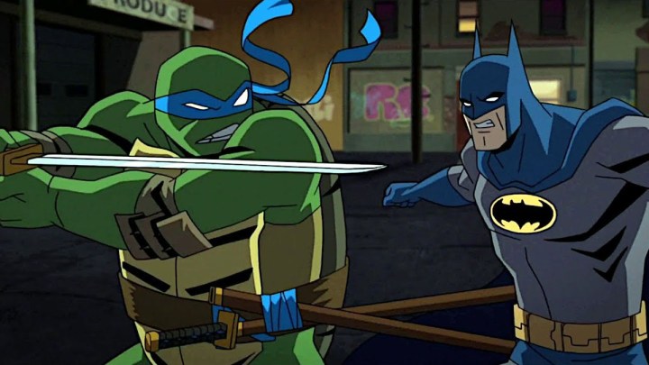 Leonardo takes on Batman in Batman vs. Teenage Mutant Ninja Turtles.