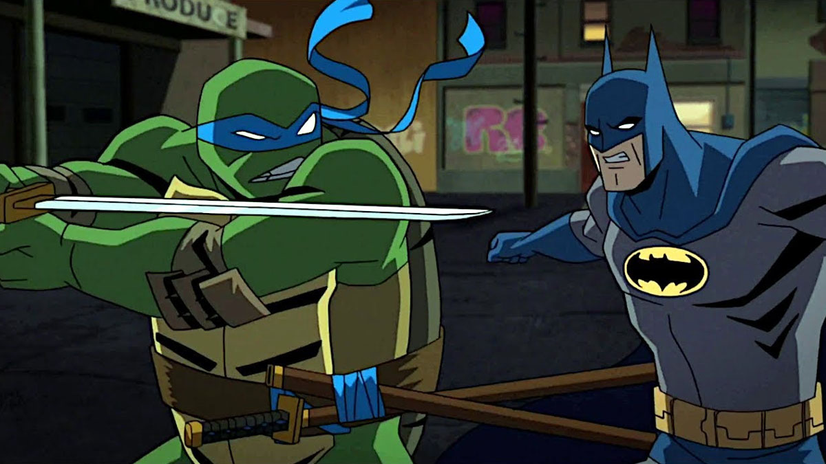 Leonardo enfrenta Batman em Batman vs. Teenage Mutant Ninja Turtles.