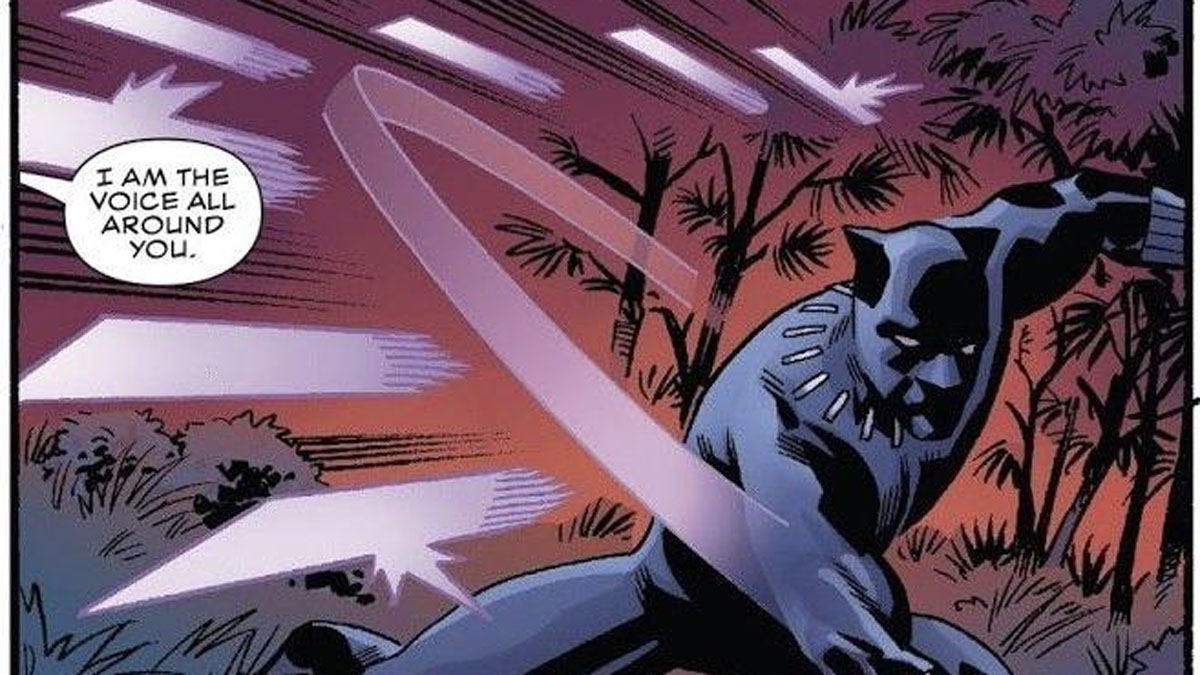 T'Challa मार्वल के ब्लैक पैंथर के एक पैनल में अपने विब्रानियम डैगर्स का उपयोग करता है।