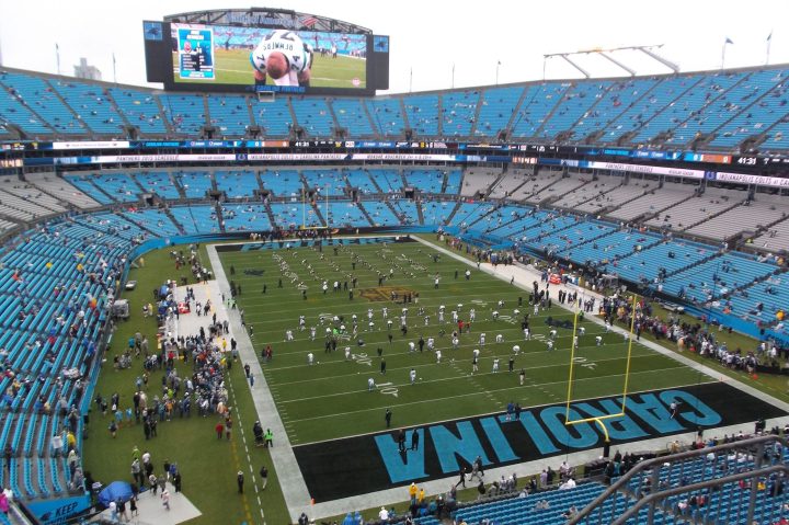 Aerial view of players on the field at Carolina Panthers stadium.