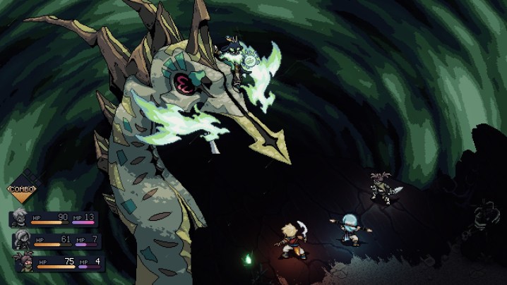 Zale, Valere, and Serai fighting wind dragon in Sea of Stars