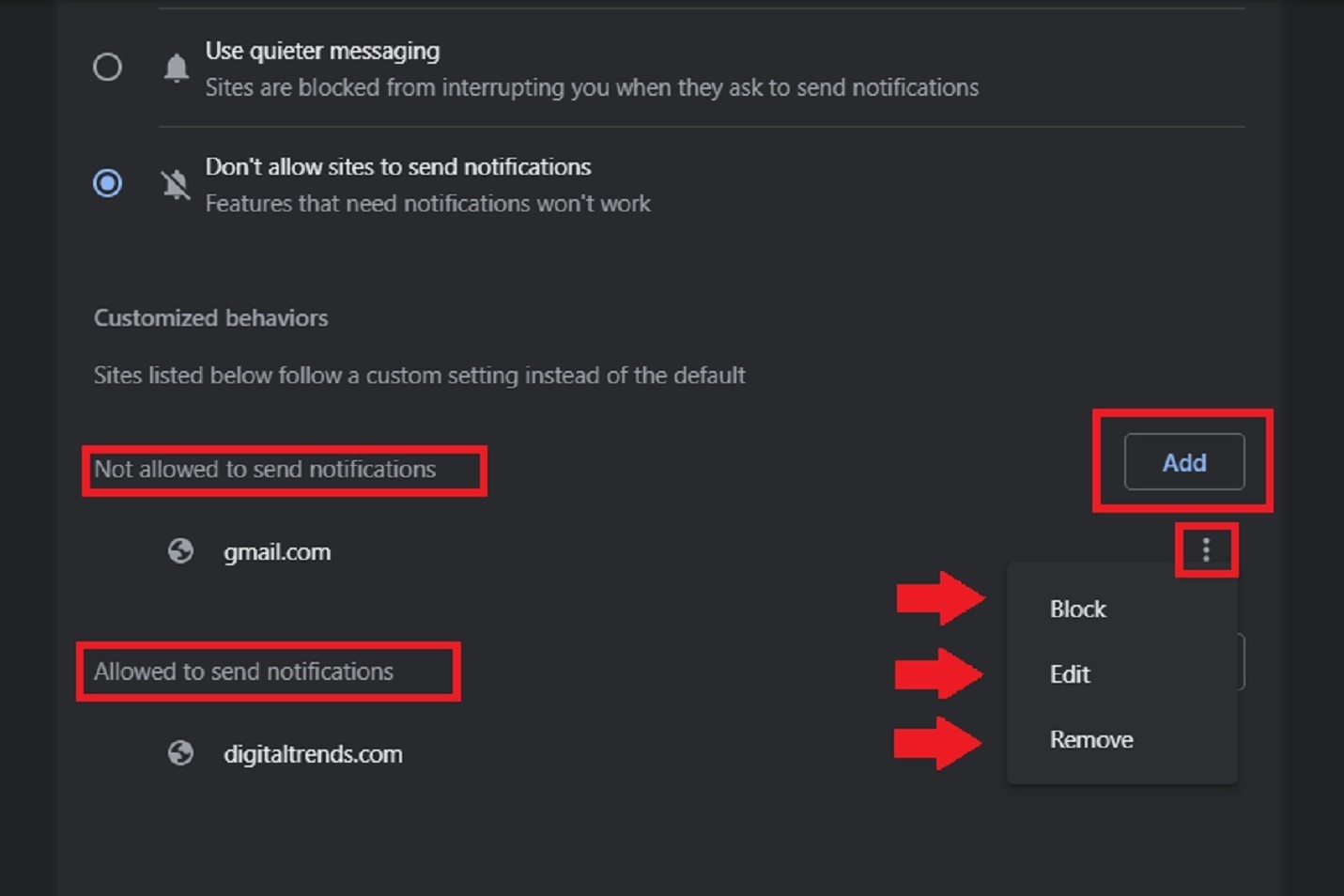 Customizing notification settings for particular sites on Google Chrome.