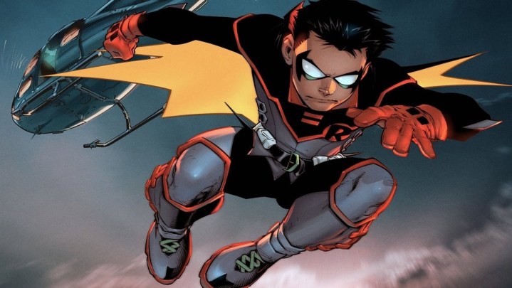 Robin jumps from a plane in a DC comic.