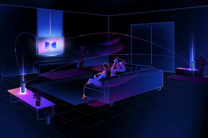 Un diagrama que muestra cómo Dolby Atmos FlexConnect combina altavoces inalámbricos con el sistema de sonido de un televisor.