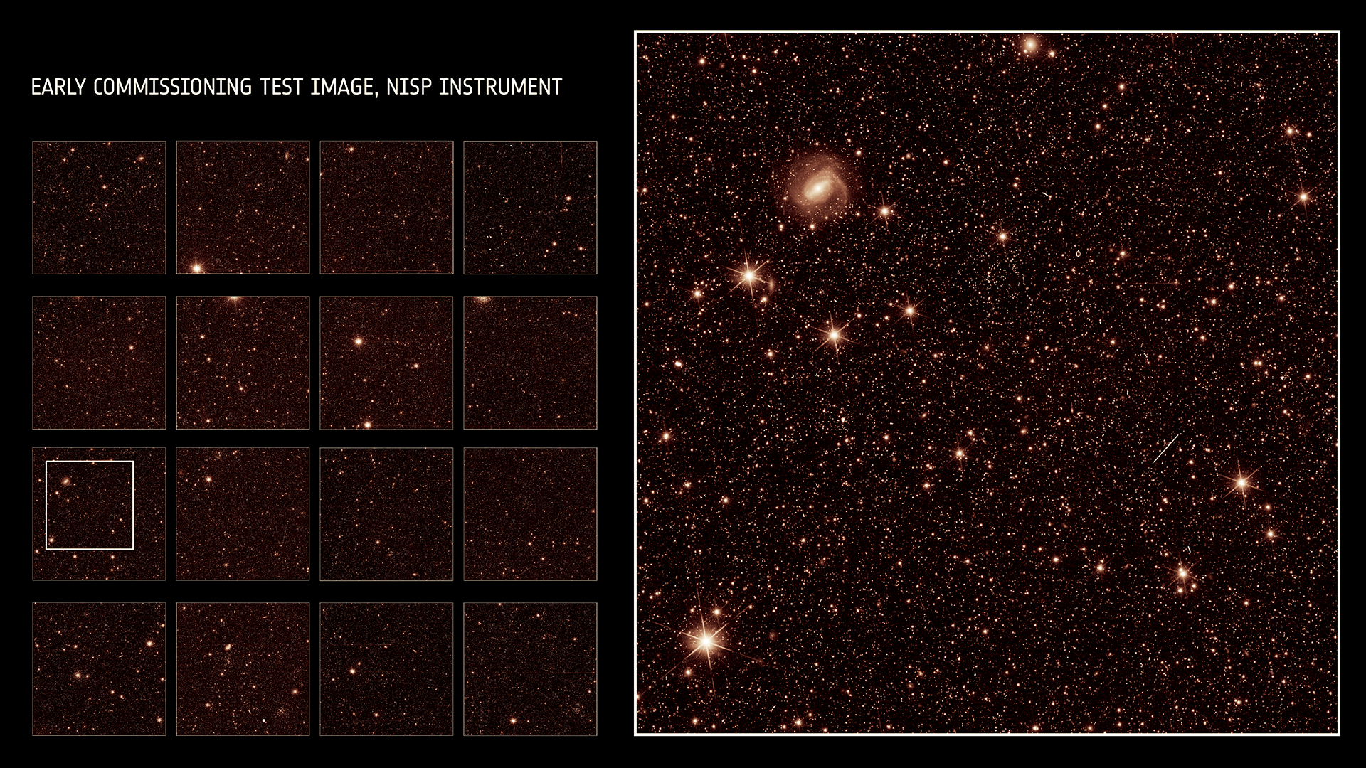 A imagem à esquerda mostra o campo de visão completo do NISP, com o zoom à direita (4% do campo de visão total do NISP).