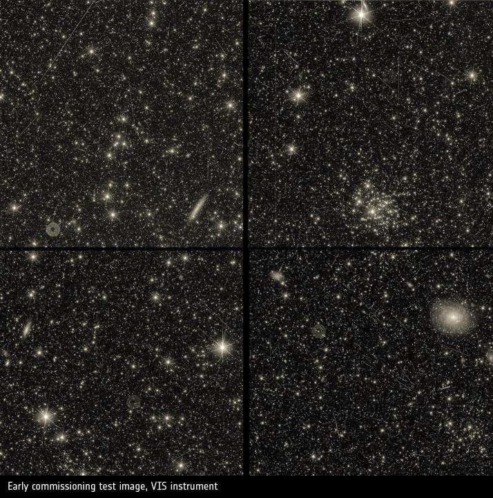 This first VIS image taken by Euclid shows spiral and elliptical galaxies, distant stars, and star clusters. 