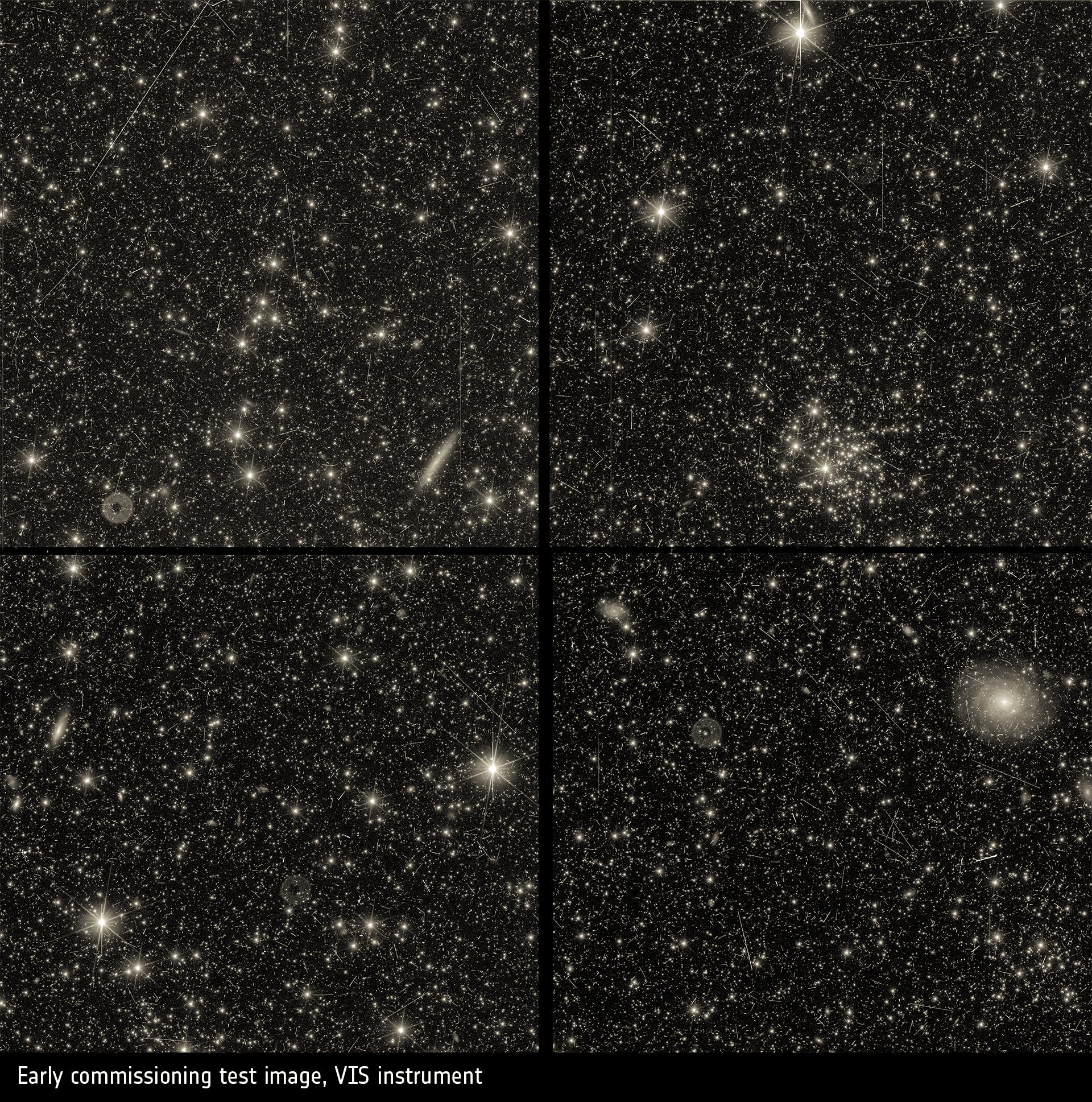Esta primeira imagem do VIS obtida por Euclides mostra galáxias espirais e elípticas, estrelas distantes e aglomerados estelares. 
