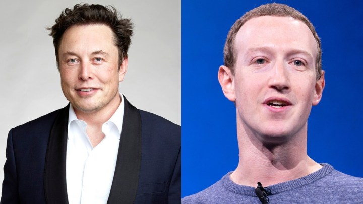 A split image of Elon Musk and Mark Zuckerberg.