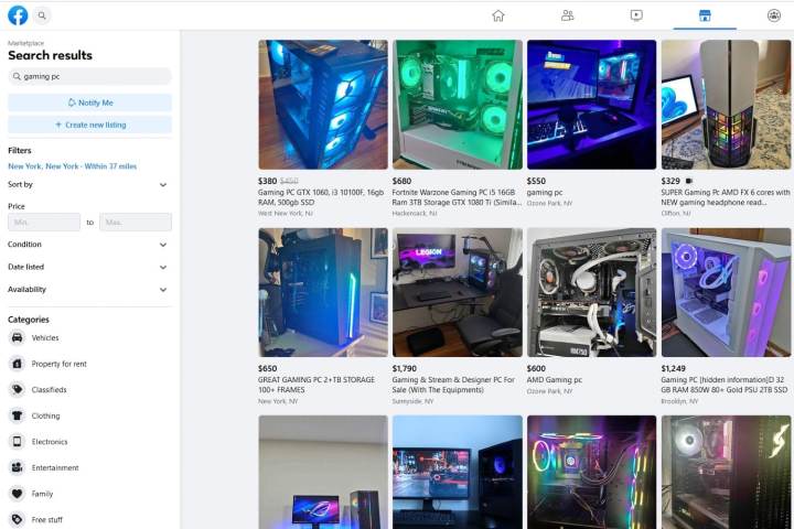 A set of listings for "gaming PC" on Facebook Marketplace.