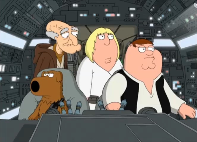 Peter, Chris, Brian e Herbert como personagens de "Star Wars" em "Family Guy".