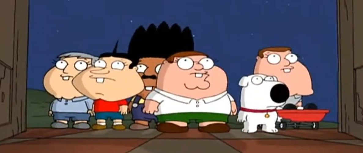 Peter, Brian, Quagmire, Adam West, Joe e Cleveland como crianças em "Family Guy".