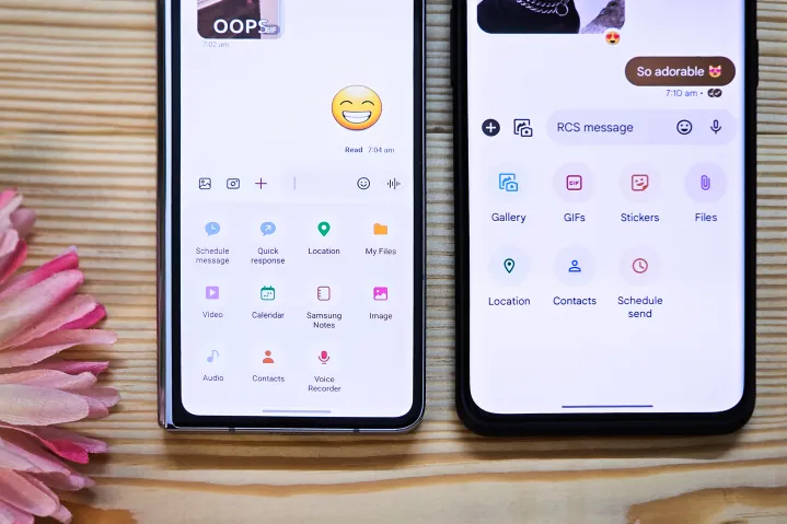 Функции прикрепления сообщений RCS в сообщениях Samsung и Google Messages.
