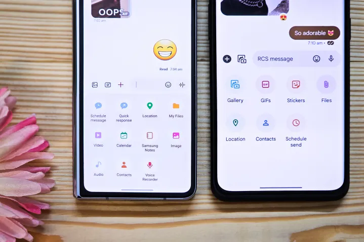 Funciones de archivos adjuntos de mensajería RCS en Samsung Messages y Google Messages.
