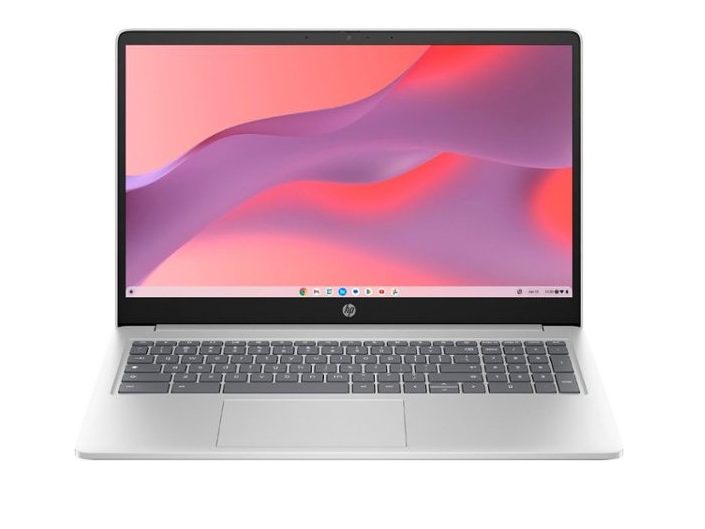 HP Chromebook 15,6 ιντσών εμφανίζεται με πολύχρωμο φόντο επιφάνειας εργασίας.
