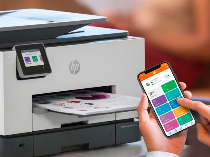 Printing to the HP - OfficeJet Pro 9025e Wireless All-In-One Inkjet Printer from a smartphone.