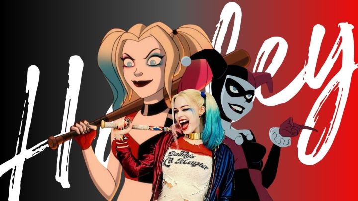 Blended image showing three versions of Harley Quinn against a background with the name HARLEY in large white letter.