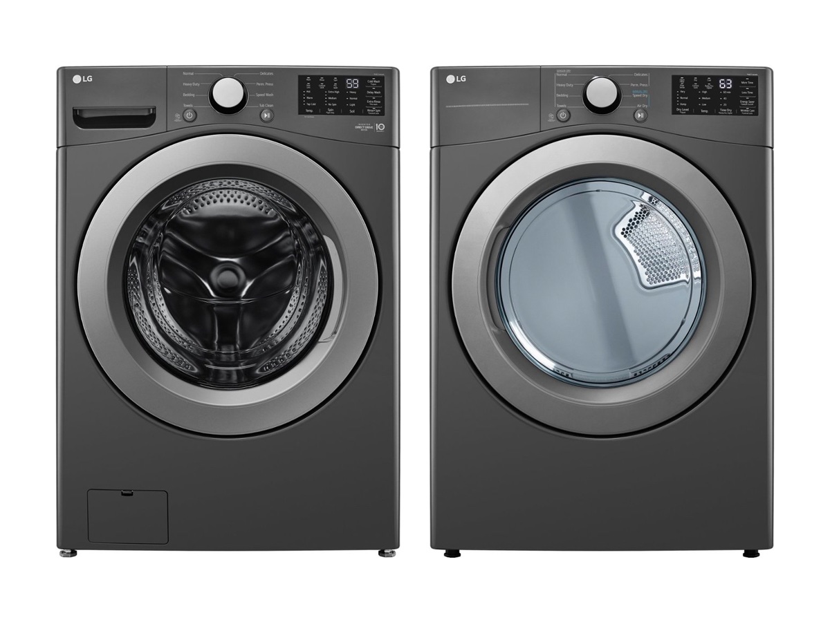The LG - 5.0 Cu. Ft. Front Load Washer with 6Motion Technology and 7.4 Cu. Ft. Electric Dryer with Wrinkle Care against a white background.