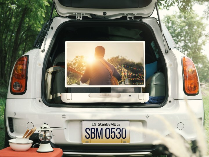 LG StanbyMe Go portable smart display used while camping.